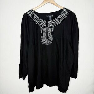 Saint Tropez West Black White Embroidered‎ Linen Blend Tunic Top Women's 3X